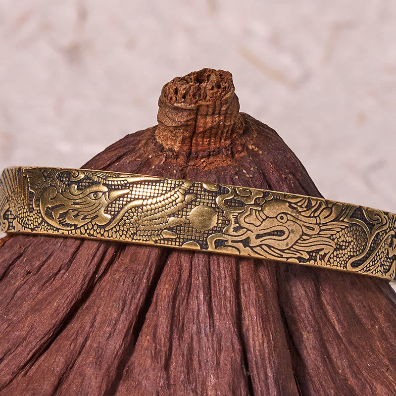 Wear FengShui Dragon And Phoenix Playing With A Pearl Carved Copper Brass Luck Protection Bracelet Bangle