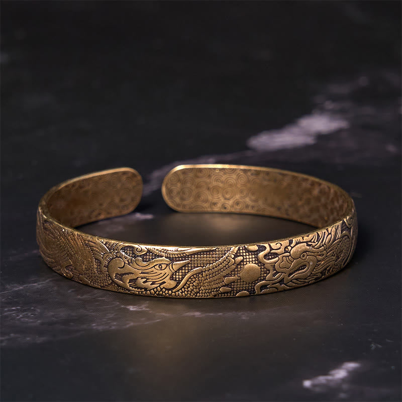 Wear FengShui Dragon And Phoenix Playing With A Pearl Carved Copper Brass Luck Protection Bracelet Bangle
