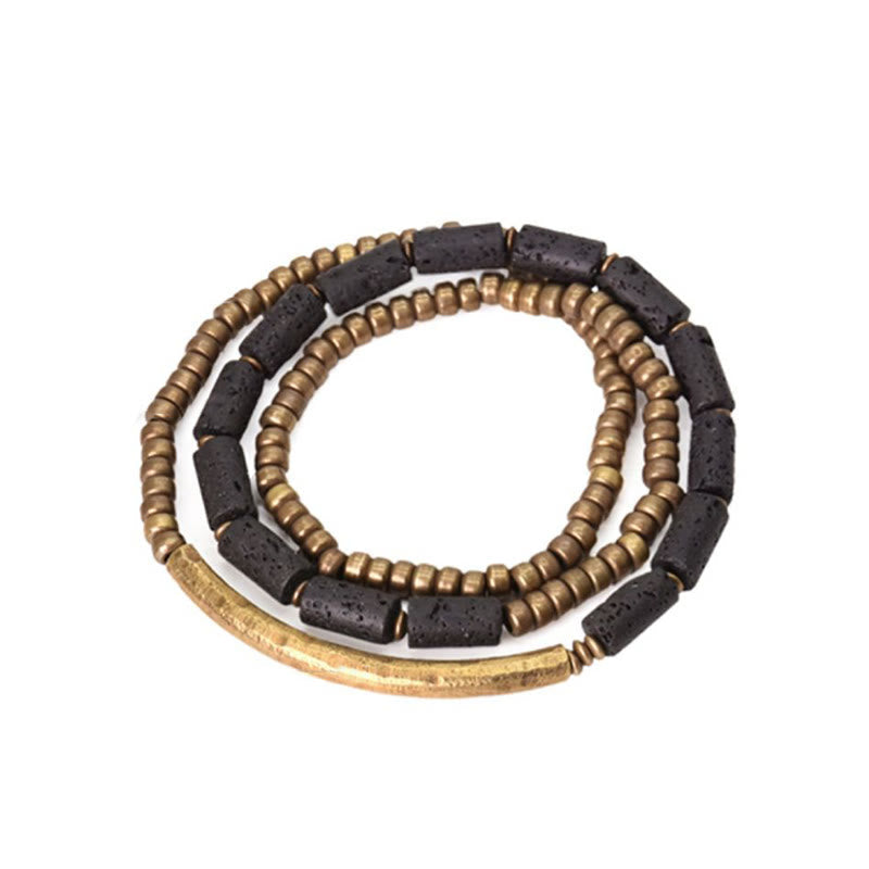 Wear FengShui Vintage Lava Rock Copper Brass Multi-turn Wrap Calm Bracelet