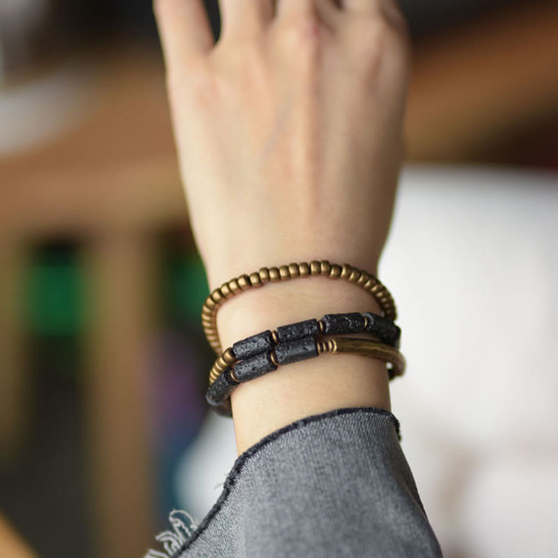 Wear FengShui Vintage Lava Rock Copper Brass Multi-turn Wrap Calm Bracelet