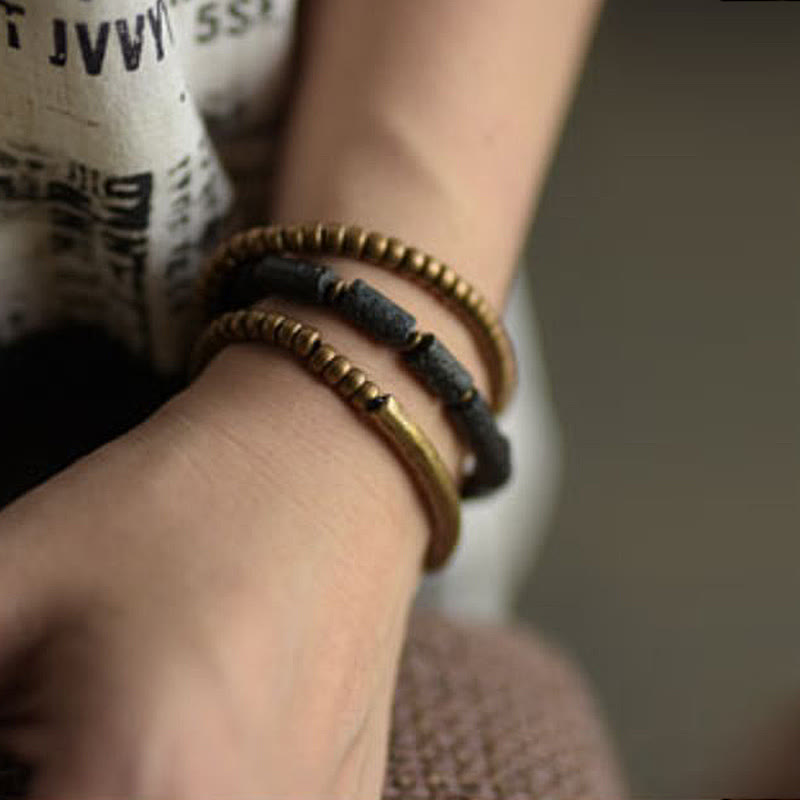 Wear FengShui Vintage Lava Rock Copper Brass Multi-turn Wrap Calm Bracelet