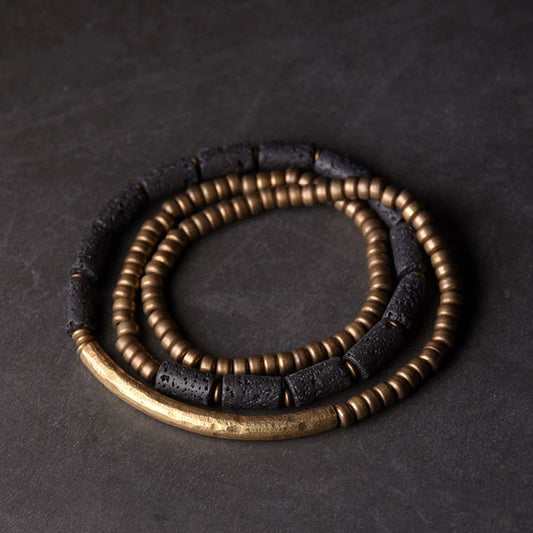 Wear FengShui Vintage Lava Rock Copper Brass Multi-turn Wrap Calm Bracelet