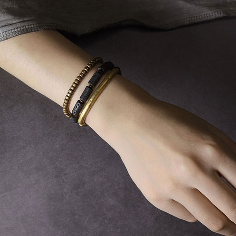 Wear FengShui Vintage Lava Rock Copper Brass Multi-turn Wrap Calm Bracelet