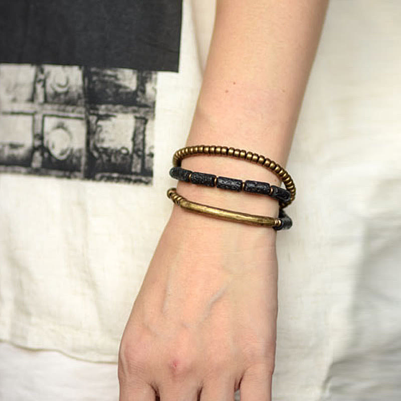 Wear FengShui Vintage Lava Rock Copper Brass Multi-turn Wrap Calm Bracelet