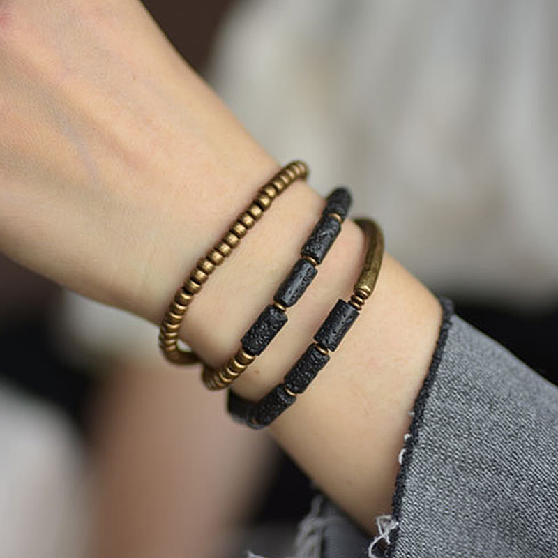 Wear FengShui Vintage Lava Rock Copper Brass Multi-turn Wrap Calm Bracelet