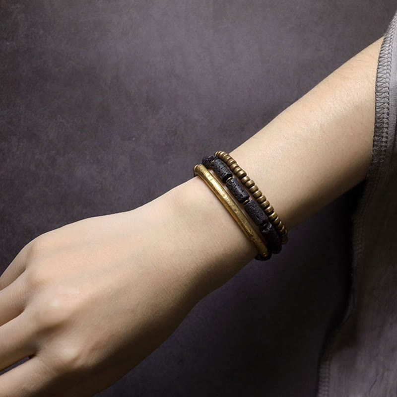 Wear FengShui Vintage Lava Rock Copper Brass Multi-turn Wrap Calm Bracelet