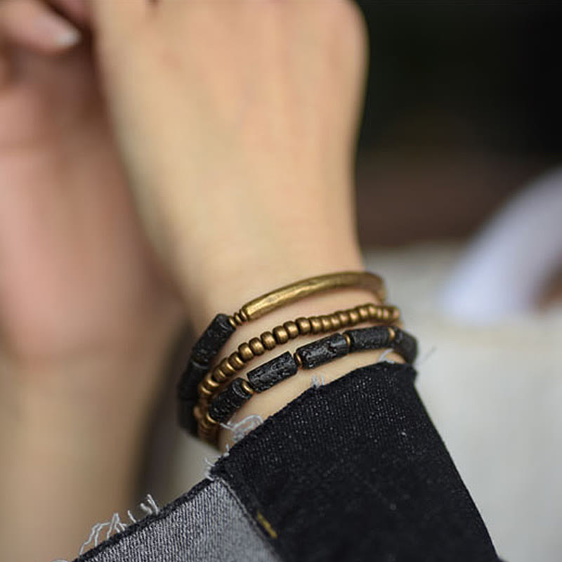 Wear FengShui Vintage Lava Rock Copper Brass Multi-turn Wrap Calm Bracelet