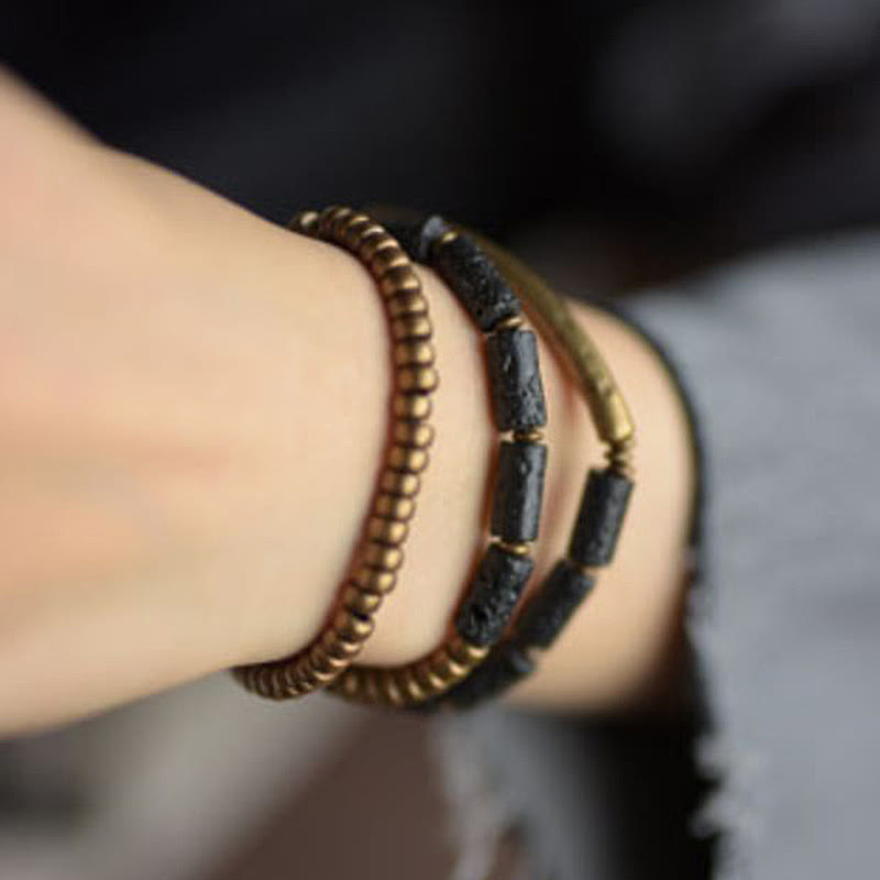 Wear FengShui Vintage Lava Rock Copper Brass Multi-turn Wrap Calm Bracelet