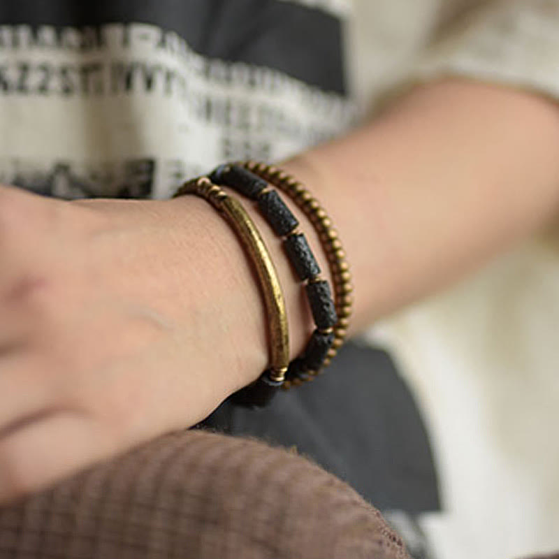 Wear FengShui Vintage Lava Rock Copper Brass Multi-turn Wrap Calm Bracelet