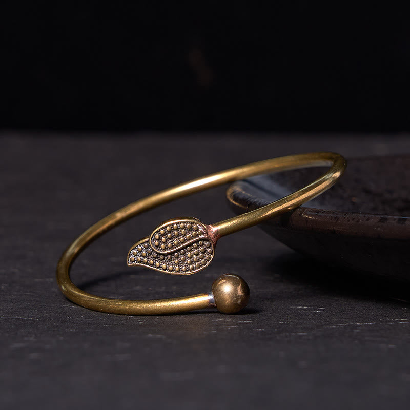 Wear FengShui Leaf Bead Copper Brass Luck Wealth cuff Bracelet Bangle