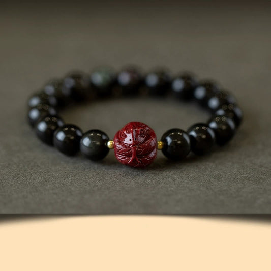 Wear FengShui Chinese Zodiac Natural Black Obsidian Cinnabar Purification Bracelet