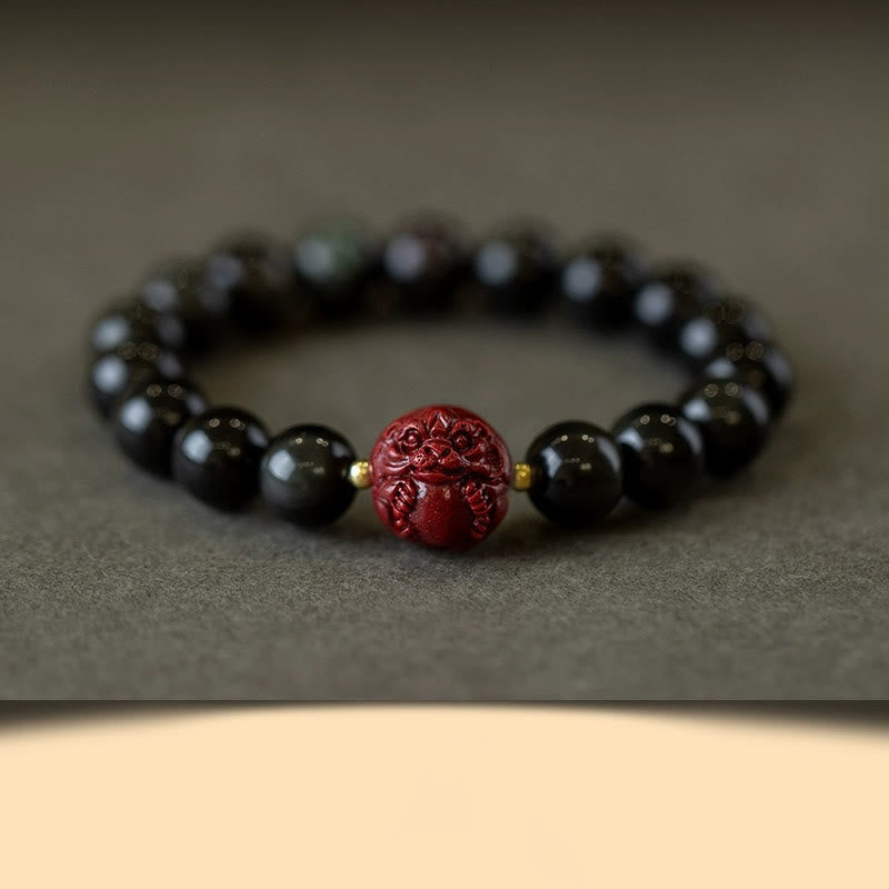 Wear FengShui Chinese Zodiac Natural Black Obsidian Cinnabar Purification Bracelet