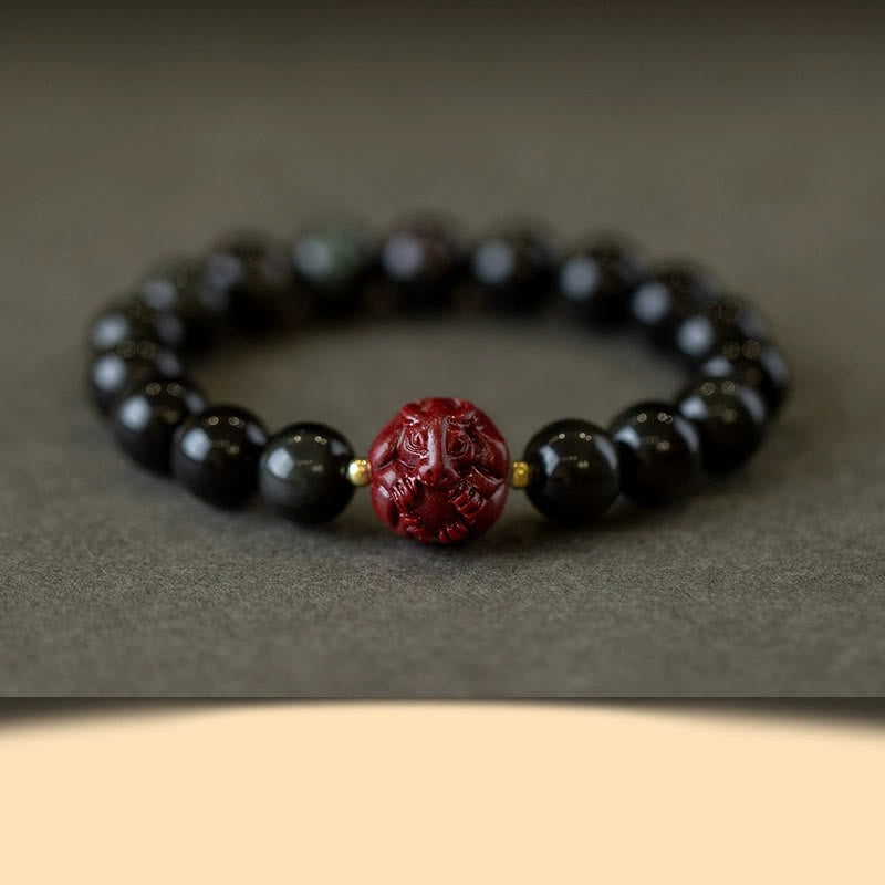 Wear FengShui Chinese Zodiac Natural Black Obsidian Cinnabar Purification Bracelet