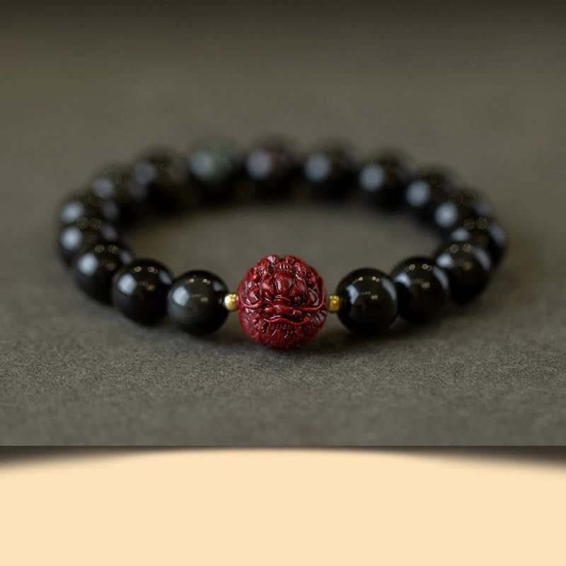 Wear FengShui Chinese Zodiac Natural Black Obsidian Cinnabar Purification Bracelet