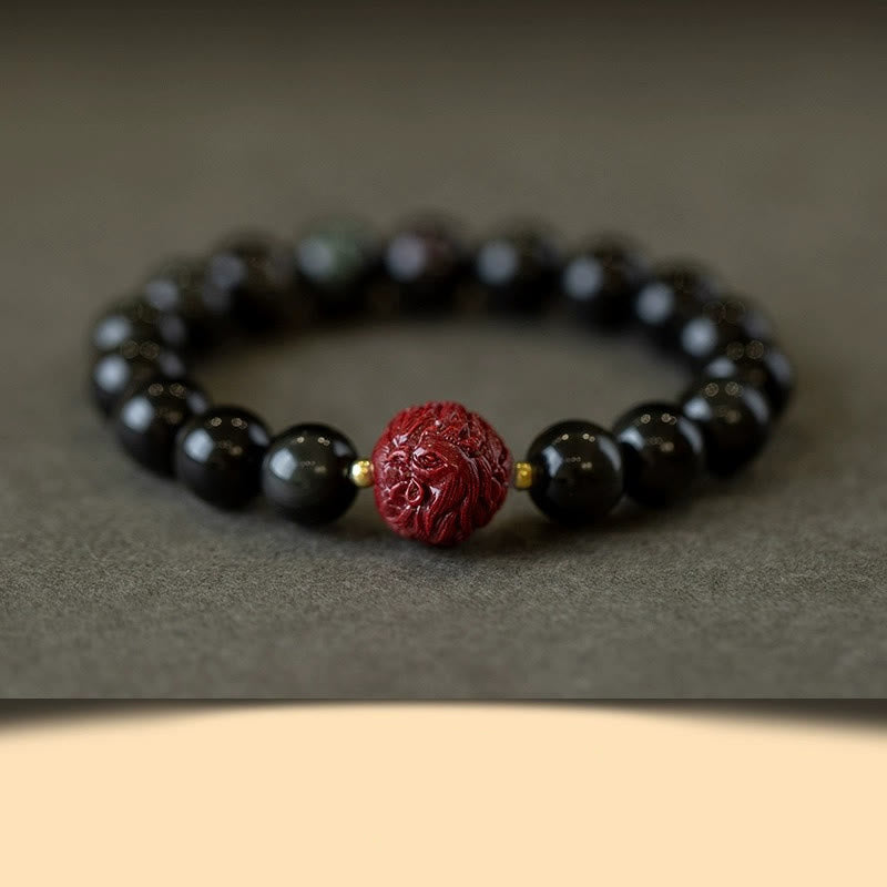 Wear FengShui Chinese Zodiac Natural Black Obsidian Cinnabar Purification Bracelet