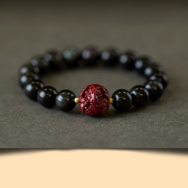 Wear FengShui Chinese Zodiac Natural Black Obsidian Cinnabar Purification Bracelet