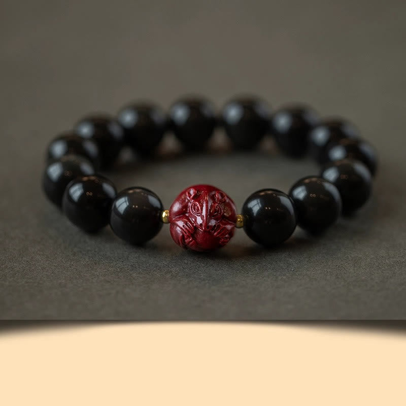 Wear FengShui Chinese Zodiac Natural Black Obsidian Cinnabar Purification Bracelet