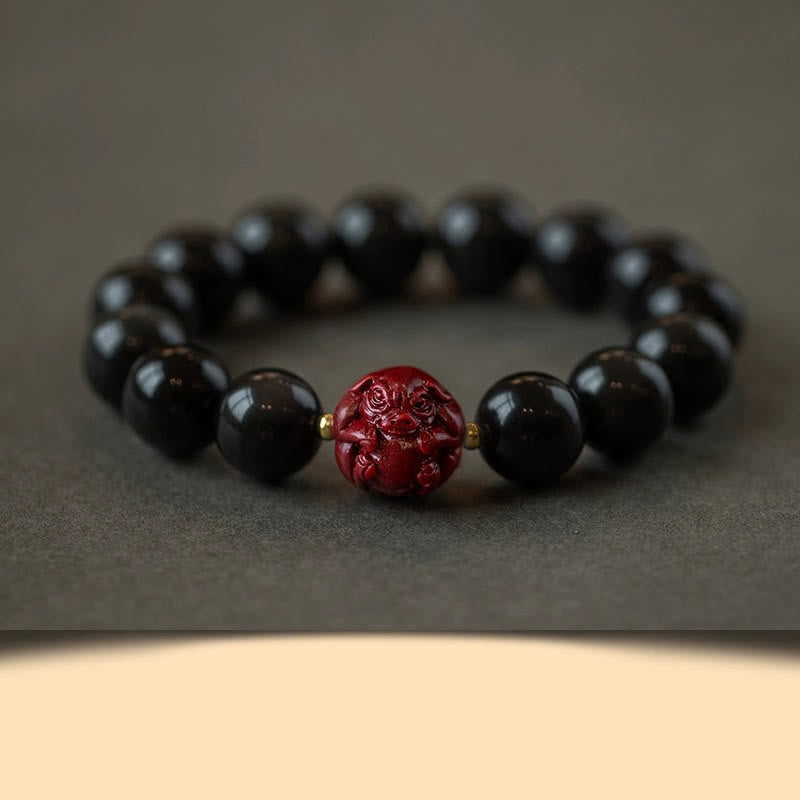 Wear FengShui Chinese Zodiac Natural Black Obsidian Cinnabar Purification Bracelet
