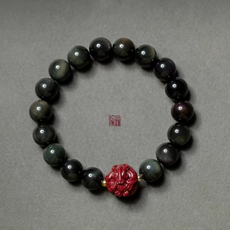 Wear FengShui Chinese Zodiac Natural Black Obsidian Cinnabar Purification Bracelet