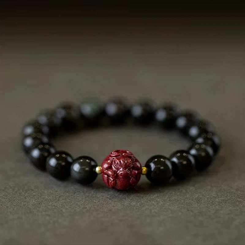 Wear FengShui Chinese Zodiac Natural Black Obsidian Cinnabar Purification Bracelet