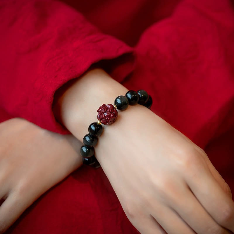 Wear FengShui Chinese Zodiac Natural Black Obsidian Cinnabar Purification Bracelet