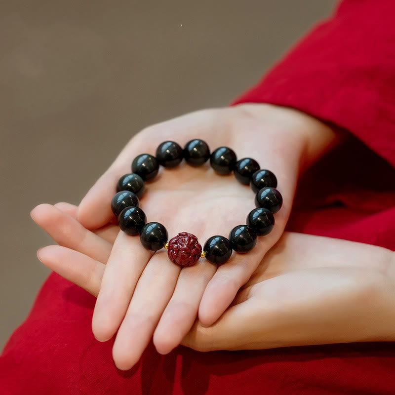 Wear FengShui Chinese Zodiac Natural Black Obsidian Cinnabar Purification Bracelet