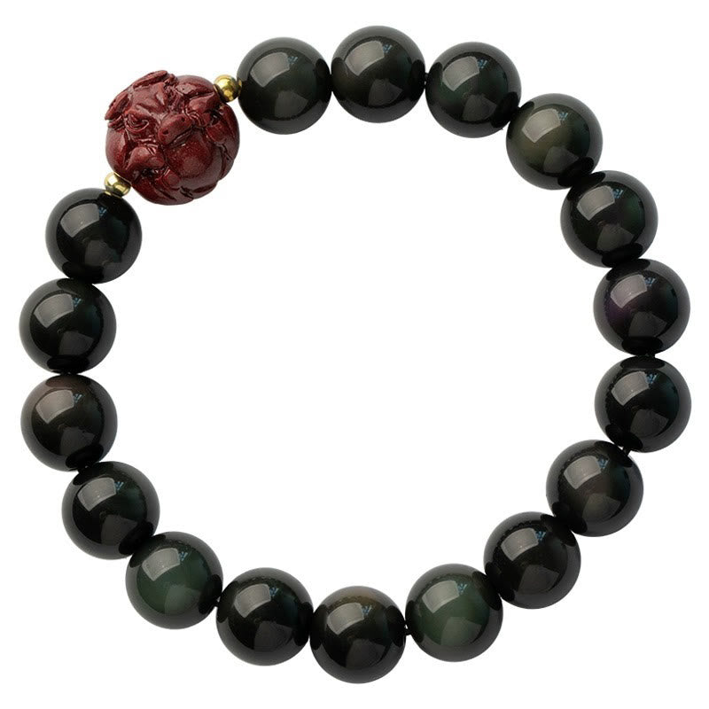 Wear FengShui Chinese Zodiac Natural Black Obsidian Cinnabar Purification Bracelet
