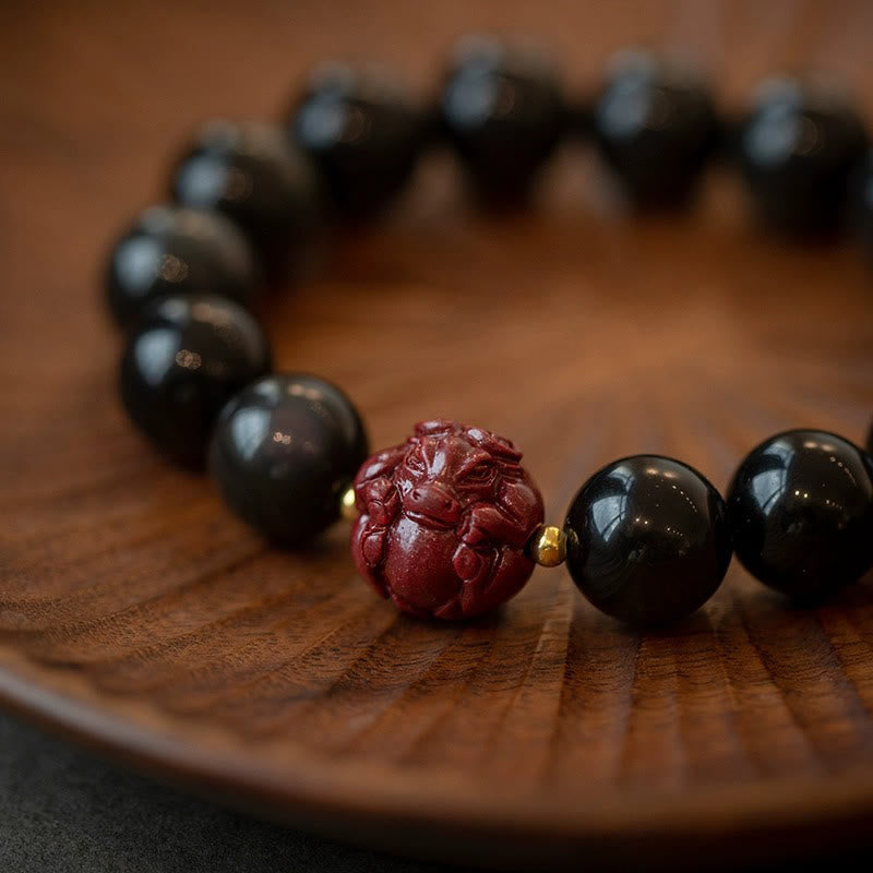 Wear FengShui Chinese Zodiac Natural Black Obsidian Cinnabar Purification Bracelet