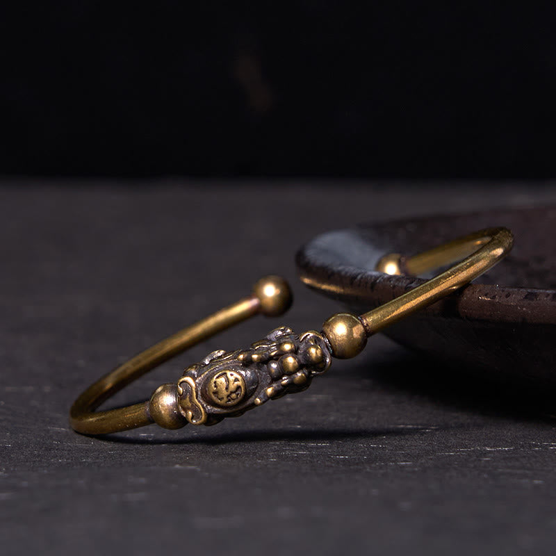Wear FengShui Pi Xiu Carrying Compass Fu Character Copper Brass Luck Wealth Bracelet Bangle