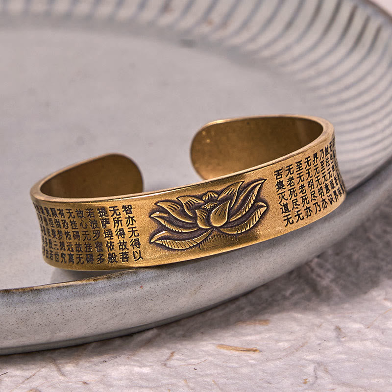 Wear FengShui Heart Sutra Lotus Flower Copper Brass Peace Cuff Bracelet Bangle