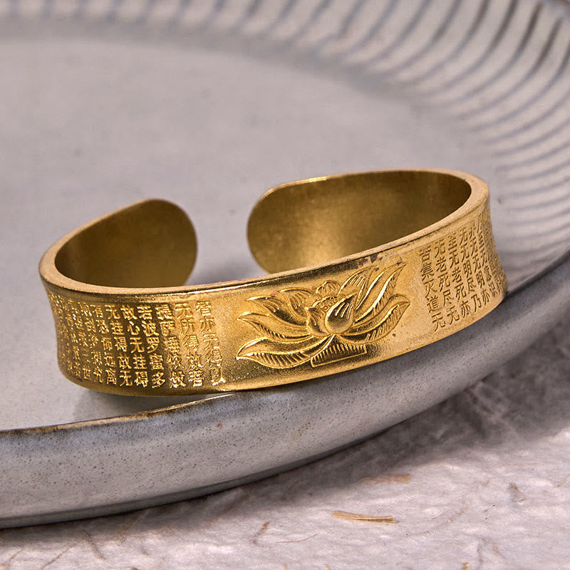 Wear FengShui Heart Sutra Lotus Flower Copper Brass Peace Cuff Bracelet Bangle