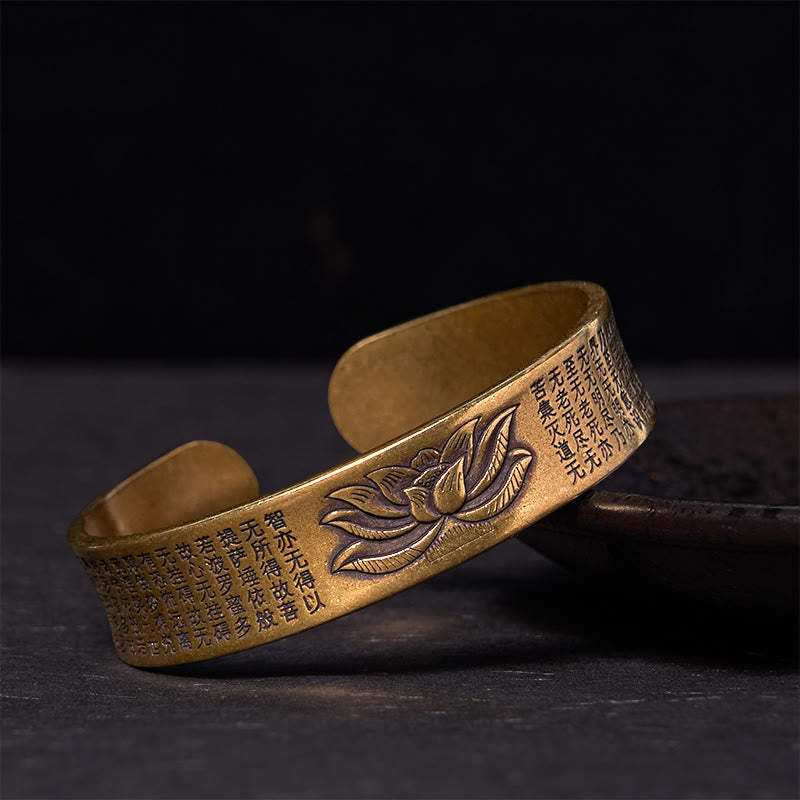 Wear FengShui Heart Sutra Lotus Flower Copper Brass Peace Cuff Bracelet Bangle