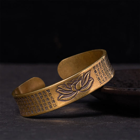 Wear FengShui Heart Sutra Lotus Flower Copper Brass Peace Cuff Bracelet Bangle