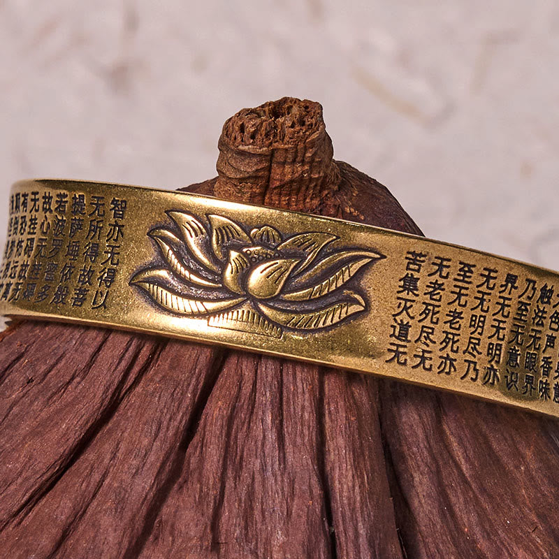 Wear FengShui Heart Sutra Lotus Flower Copper Brass Peace Cuff Bracelet Bangle