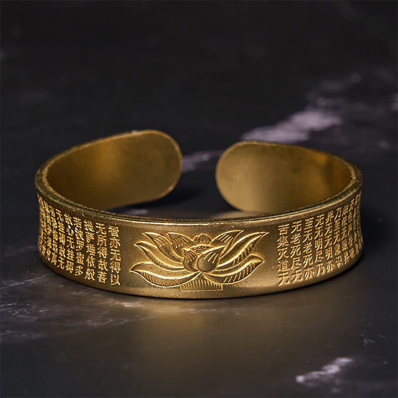Wear FengShui Heart Sutra Lotus Flower Copper Brass Peace Cuff Bracelet Bangle