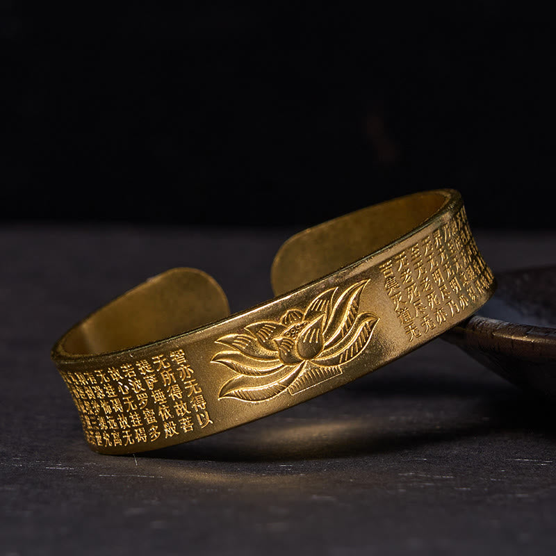 Wear FengShui Heart Sutra Lotus Flower Copper Brass Peace Cuff Bracelet Bangle