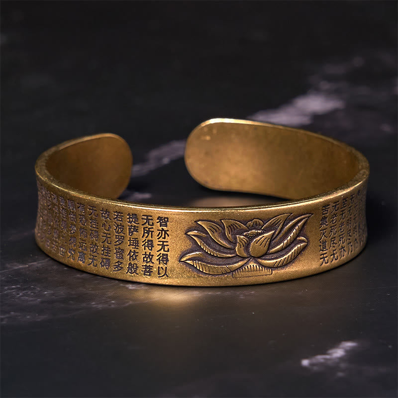 Wear FengShui Heart Sutra Lotus Flower Copper Brass Peace Cuff Bracelet Bangle