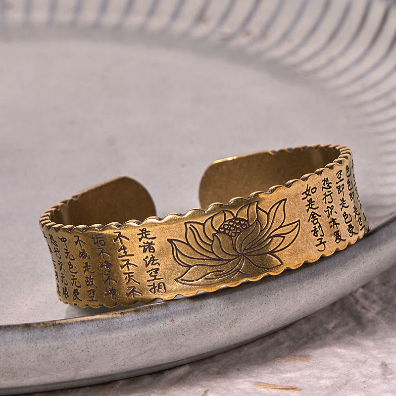 Wear FengShui Heart Sutra Lotus Flower Copper Brass Peace Enlightenment Cuff Bracelet Bangle