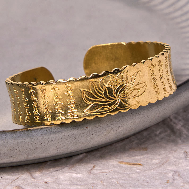 Wear FengShui Heart Sutra Lotus Flower Copper Brass Peace Enlightenment Cuff Bracelet Bangle