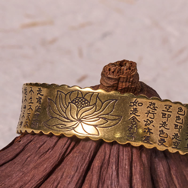 Wear FengShui Heart Sutra Lotus Flower Copper Brass Peace Enlightenment Cuff Bracelet Bangle