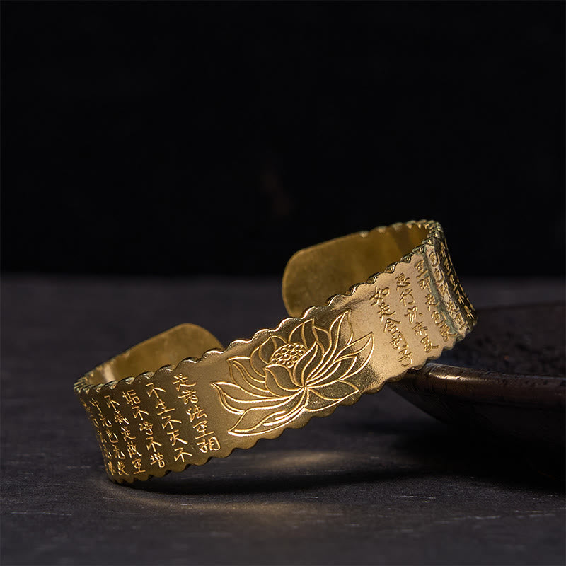 Wear FengShui Heart Sutra Lotus Flower Copper Brass Peace Enlightenment Cuff Bracelet Bangle