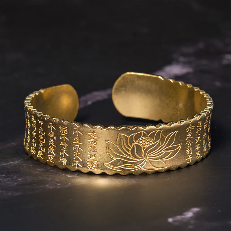 Wear FengShui Heart Sutra Lotus Flower Copper Brass Peace Enlightenment Cuff Bracelet Bangle