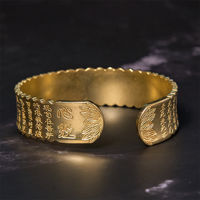 Wear FengShui Heart Sutra Lotus Flower Copper Brass Peace Enlightenment Cuff Bracelet Bangle