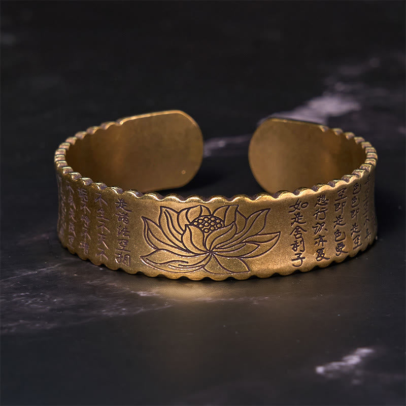 Wear FengShui Heart Sutra Lotus Flower Copper Brass Peace Enlightenment Cuff Bracelet Bangle