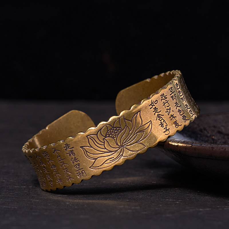 Wear FengShui Heart Sutra Lotus Flower Copper Brass Peace Enlightenment Cuff Bracelet Bangle