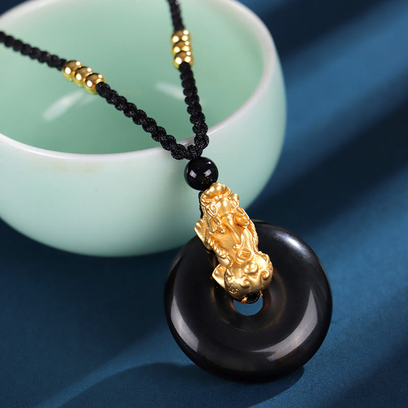 Wear FengShui  Black Onyx White Agate Peace Buckle 999 Sterling Silver Gold PiXiu Fortune Necklace Pendant