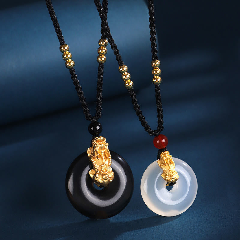 Wear FengShui  Black Onyx White Agate Peace Buckle 999 Sterling Silver Gold PiXiu Fortune Necklace Pendant