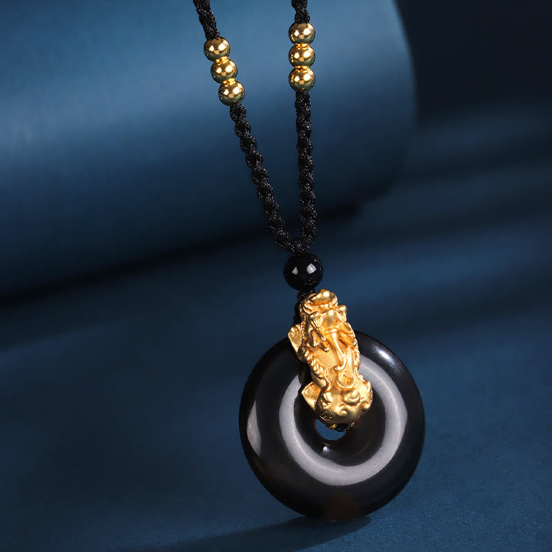 Wear FengShui  Black Onyx White Agate Peace Buckle 999 Sterling Silver Gold PiXiu Fortune Necklace Pendant