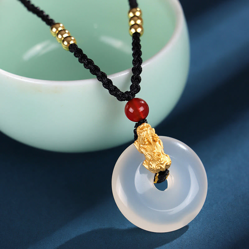 Wear FengShui  Black Onyx White Agate Peace Buckle 999 Sterling Silver Gold PiXiu Fortune Necklace Pendant