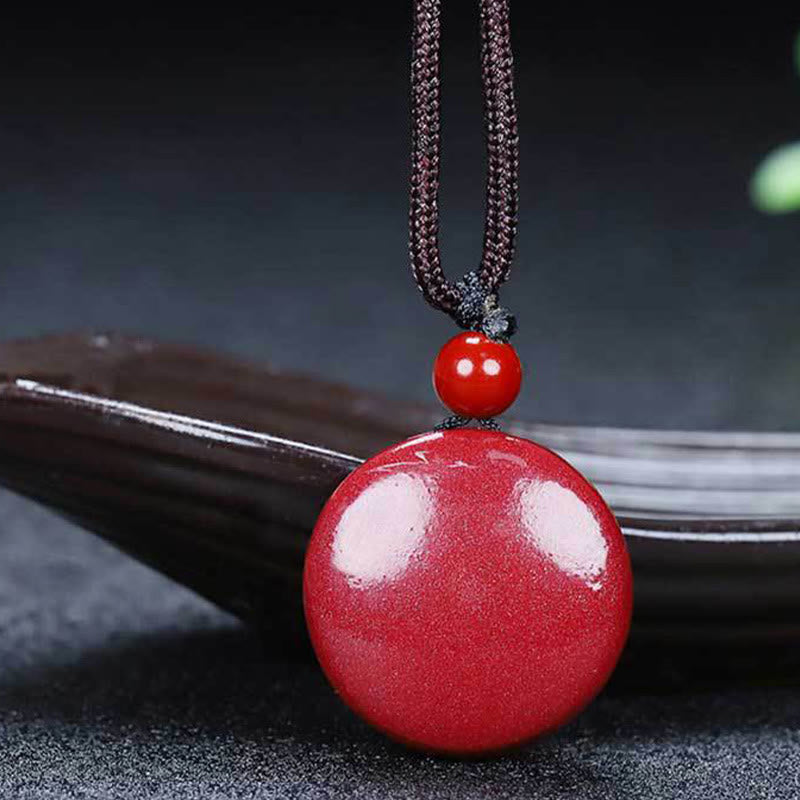 Wear FengShui Natural Cinnabar Yin Yang Design Braided String Blessing Necklace Pendant
